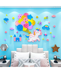 Autocollant mural en acrylique 3D motif poney et ballon coloré, autocollant mural auto-adhésif pour chambre de bébé, décoration de la maison - Product Image 1
