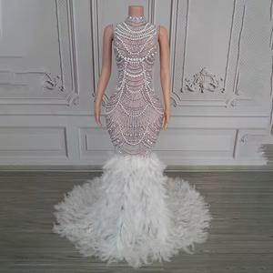 Vestido De Noche De lujo para mujer con <span class=keywords><strong>plumas</strong></span> De cristal manga larga estampado De leopardo Slim Fit Vestidos De Noche para graduación Ao vestido largo - Product Image 1