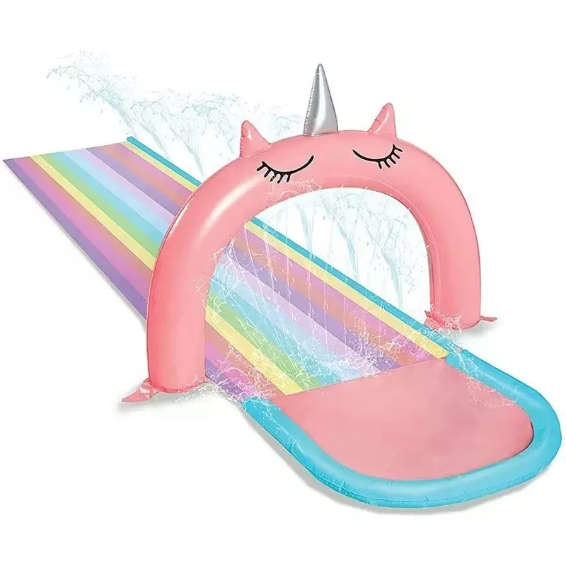 Desain Baru Taman Mainan Anak Air Fun Splash Buddies Pink Unicorn Slip N Slide dengan Sprinkler Tiup Air Slide untuk Anak-anak