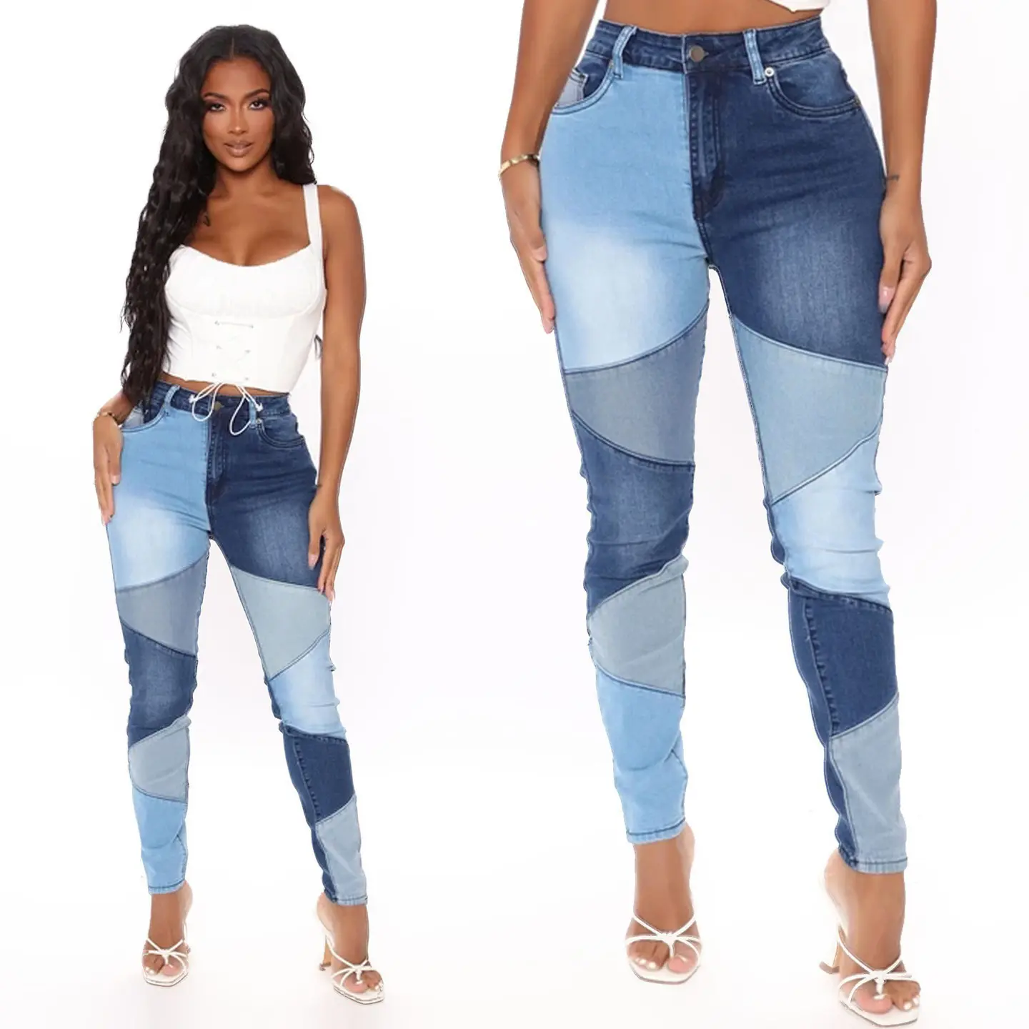 Alta qualidade patchwork rua denim jeans para as mulheres de cintura alta elástico plus size jeans para calças das mulheres