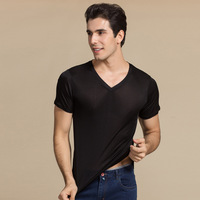 T-shirt décontracté pour homme en 25% soie de mûrier et 75% viscose, col en V, frais, doux et fin