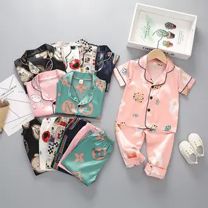 Baju Tidur Anak Perempuan, Piyama Tidur 2 Potong, Celana Panjang Cetakan Lucu Bersirkulasi Udara Musim Panas Satin
