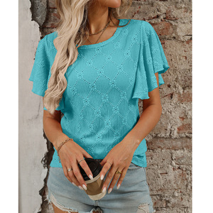 Camiseta informal de verano 2025 <span class=keywords><strong>para</strong></span> <span class=keywords><strong>mujer</strong></span> europea americana <span class=keywords><strong>para</strong></span> <span class=keywords><strong>Amazon</strong></span> nueva flor transfronteriza hueca manga de hoja de loto de punto - Product Image 2