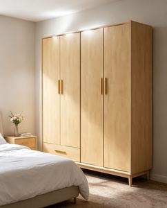 Armoire scandinave moderne en bois avec portes à panneaux plats, poignées en laiton, meuble de chambre autoportant en bois massif - Product Image 4