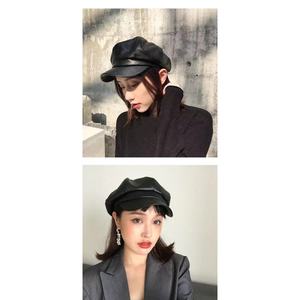Leather Octagonal Beret For Women Pu Material Autumn <b>Winter</b> <b>Cap</b> Korean Style - Product Image 4