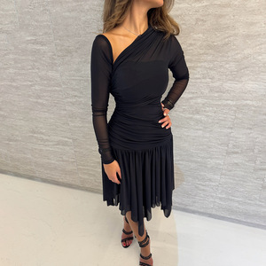 Asymmetrical Mesh <b>Patchwork</b> Ruffled Irregular Waist Cinching Dress Full Sleeve Translucent Evening Dress - Product Image 3