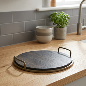 Stylish Round Wood <b>Tray</b> with Metal Frame Handles Elegant Hotelware Accessory for Home Decor and <b>Serving</b> - Product Image 1