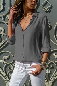 Áo Kiểu OL Thường Ngày Áo Kiểu Công Sở Có Cúc Cổ Chữ V Thời Trang Mùa Thu Cho Nữ Áo Kiểu Voan Nữ 8 Màu - Product Image 4