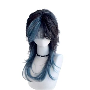 Parrucca coda di lupo nero e blu, testa di muggine di medusa, punti salienti personalizzati, capelli lunghi lisci, Cosplay umano simulazione, - Product Image 4