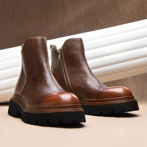 Botas de cuero genuino de alta gama, elegantes botas de trabajo con punta redonda, botas cortas casuales con cremalleras, zapatos para hombre - Product Image 1