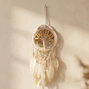 Atrapasueños Redondo Hecho a Mano con Árbol de la Vida, Plumas Blancas Tejidas, Decoración Bohemia para Colgar en la Pared, Tema de Naturaleza Navideña, Pieza Única - Product Image 3