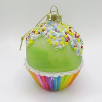Hiasan Pohon Natal Cantik Pastel Hijau Pelangi Cupcake Sprinkles Manik-Manik Ornamen Kaca Figurine