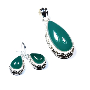 925 Sterling Silver Green Onyx Jewelry Set Teardrop Pendant Earrings Ring Bezel Setting Women's Classic Everyday Wear - Product Image 1