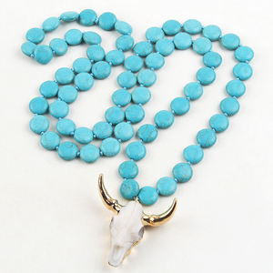 Moda donna bianco Beige perline piatte collana testa di teschio nodo collana pendente corno teschio toro - Product Image 4