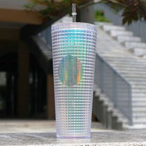 Bouteille d'eau en acrylique à double paroi 710 ml, grande capacité, gobelet laser arc-en-ciel en plastique pour fête avec paille - Product Image 2
