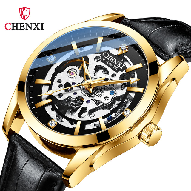 CHENXI Man Clock Transparent Skeleton Mechanism Watch Men Leather Waterproof 40mm Dial Automatic Movement Mens Watches Reloj