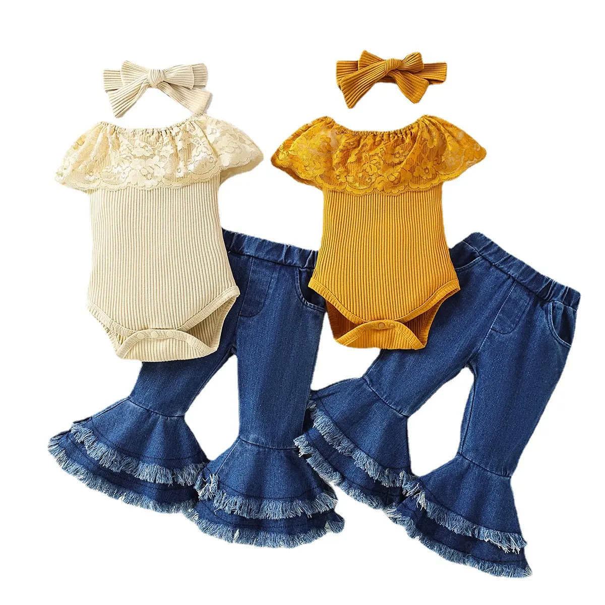 Nuevo bebé niñas primavera otoño ropa niñas encaje mameluco jeans diadema ropa conjunto niños manga acampanada tops pantalones de mezclilla traje