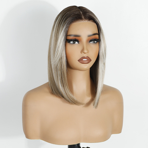 Parrucche Sintetiche Trasparenti di Alta Qualità con Frontale in Pizzo, 12 Pollici, Marrone Misto Biondo, <span class=keywords><strong>Parrucca</strong></span> Corta Liscia Bob, Cappuccio Piccolo per Donne Nere - Product Image 1