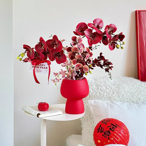 Bouquet d'orchidées Phalaenopsis artificielles, vase rouge, décoration du Nouvel An chinois, arrangement de fleurs en soie pour le salon - Product Image 2