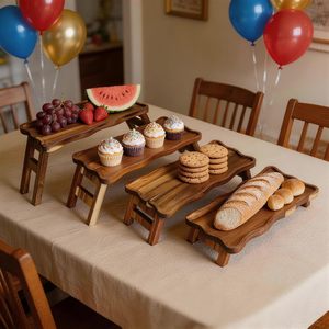 Plateau de service pliable à 4 niveaux en bois d'acacia, 16,7x7,7 pouces, support à cupcakes, présentoir à desserts/charcuterie pour fêtes, cuisine, salon - Product Image 3