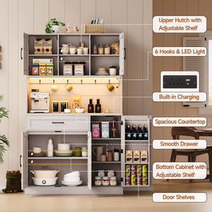 Armoire de rangement pour cuisine avec éclairage LED et prise, buffet de cuisine avec étagère pour micro-ondes et 6 crochets pour salle à manger - Product Image 2