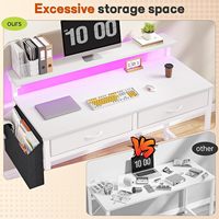 Bureau d'ordinateur ergonomique avec 2 tiroirs en tissu, poche latérale, support de moniteur, table d'étude et d'écriture, bureau de jeu blanc