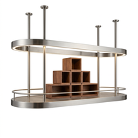 Étagère à vin ovale en acier inoxydable à double niveau avec éclairage LED, support mural pour bar, étagère à vin en bois pour la décoration du hall d'hôtel