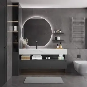 Conjunto de móveis de banheiro de madeira com espelho inteligente, conjunto flutuante de madeira para banheiro, venda direta da fábrica, hotel moderno e sólido