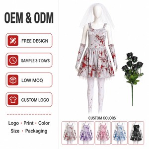 Set Costume da Sposa Zombie, Abito Grigio <span class=keywords><strong>con</strong></span> Stampa Sangue, Velo in Tulle, Scaldabraccia, Rose Nere, per Adulti e Bambini, Halloween - Product Image 1