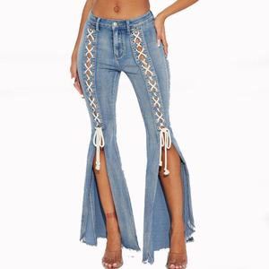 Jean en denim pour femme, coupe skinny, taille haute, évasé, délavé à l'acide, avec fente et cordon de serrage, en coton, sexy, haute qualité, prix bas, promotion - Product Image 3
