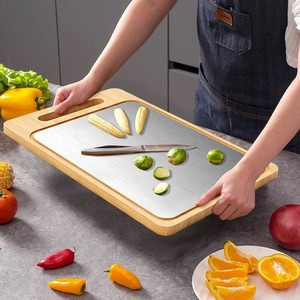เขียงไม้ไผ่สแตนเลสทรงสี่เหลี่ยมผืนผ้าสองด้านสำหรับใช้ในครัว - Product Image 1