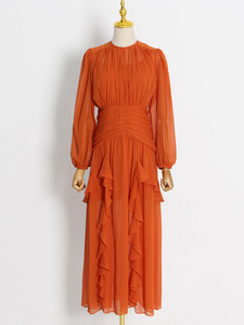 Alta qualità stile spiaggia bassa quantità elegante gonna arruffata 2023 autunno nuova moda girocollo <span class=keywords><strong>abito</strong></span> a pieghe a maniche lunghe - Product Image 6