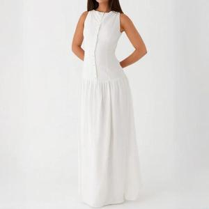 Robes d'été décontractées et personnalisées <span class=keywords><strong>en</strong></span> coton et <span class=keywords><strong>lin</strong></span> pour femmes Écologique Lavable Taille tombante Col rond sans manches Ceinture dos nu Maxi - Product Image 6