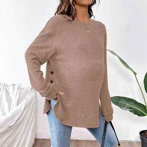 Maglietta <span class=keywords><strong>Premaman</strong></span> Autunno <span class=keywords><strong>Inverno</strong></span>, Vestibilità Ampia, Collo Tondo, Manica Lunga con Bottoni, in Poliestere e Spandex - Product Image 2