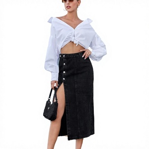 Jupe midi en jean taille haute pour femme avec boutons sur le devant et fente latérale, couleur unie, style décontracté d'été - Product Image 3