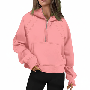 Automne hiver 2025 nouvelle mode décontracté sport demi fermeture éclair à capuche court pull en peluche 100% coton éponge brodé imprimé - Product Image 1