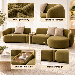 Modern Olive <b>Green</b> Modular Fabric <b>Sofa</b> Set with Rounded Low Backrests Deep <b>Cushioned</b> Seats and Center Console for Living Room - Product Image 3