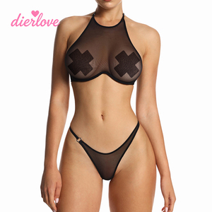Ensemble de <span class=keywords><strong>lingerie</strong></span> sexy et provocant noir en résille transparente, col montant, avec soutien-gorge à armatures et détails croisés scintillants - Product Image 4