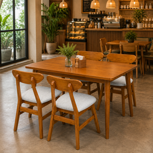 Minimalist Teak Wood Dining <b>Table</b> Set with Six Upholstered Chairs Contemporary Furniture for Cafe Villa and <b>Bistro</b> - Product Image 1