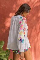 Chemisier respirant brodé néon pour femme, haut Chic de style Boho, avec Mini paillettes et pompon amusant, excellente qualité, chemisier mexicain