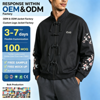 Veste thermique double couche en daim noir avec broderie unie, boutons grenouillère, poches cargo côtelées