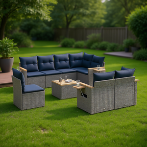 Poly Rattan Patio <b>Sofa</b> <b>Set</b> With Cushions Garden Outdoor Furniture Contemporary Design 9 Piece Grey - Product Image 2