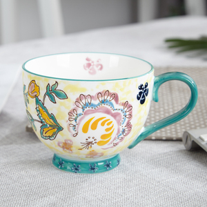 Tasses en céramique faites à la main avec motif de fleurs et de papillons, peintes à la main, pour le petit-déjeuner, le lait, les desserts, les tasses à thé, les mugs en porcelaine, en stock dans l'usine - Product Image 5