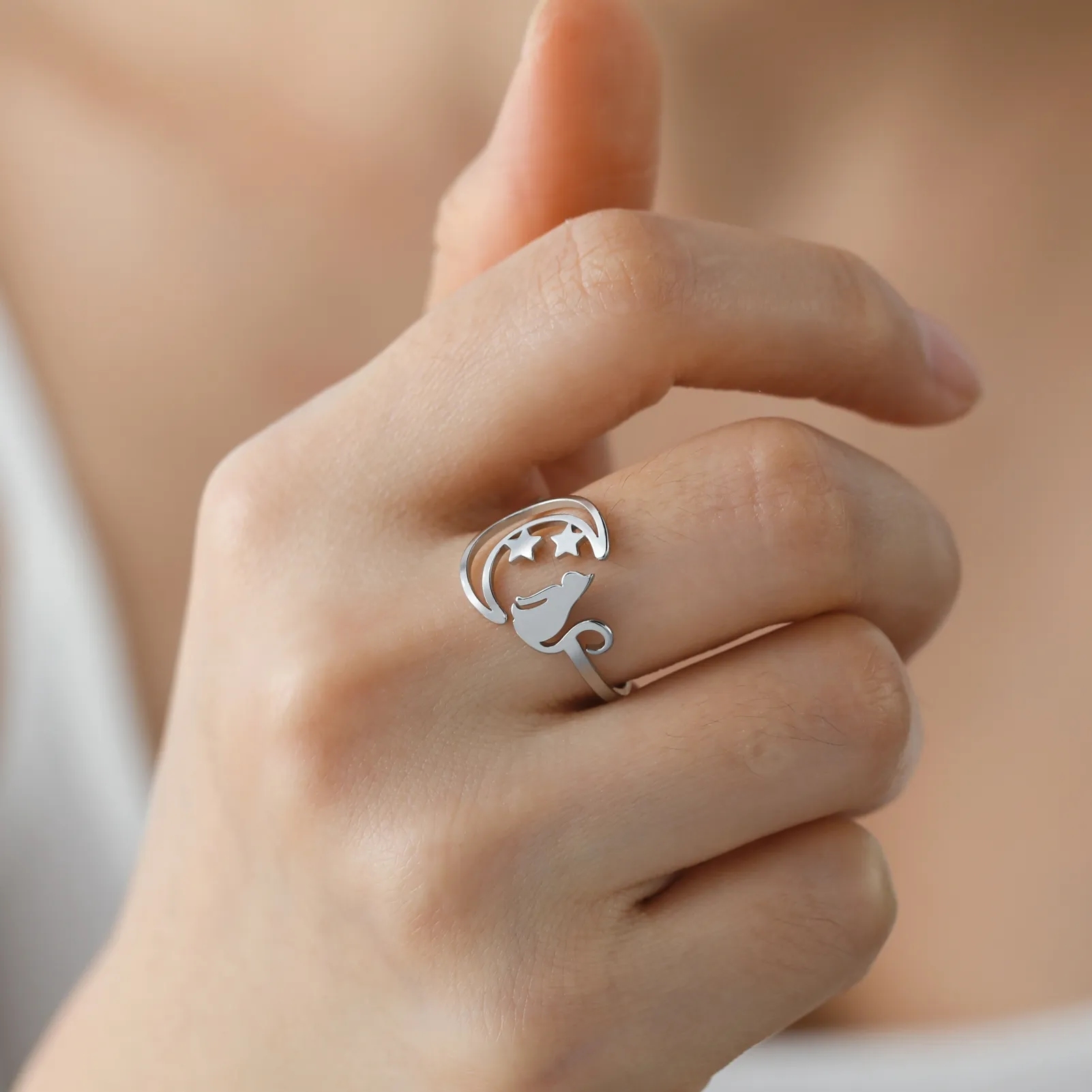 Katze Im Mond Ring Aus Edelstahl – Verstellbar, Süßes Design Für Katzenfans