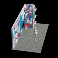 Stand d'exposition Mega Corner personnalisé 6*3M avec écran lumineux SEG, mur d'arrière-plan multi-panneaux avec graphisme texture marbre motif vague océanique