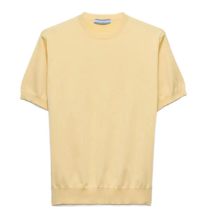 Leduo Customized Women <b>Light</b> Yellow Crew <b>Neck</b> Short Sleeve Knit T-shirt, Summer Breathable Solid Color Casual Knitted for Daily - Product Image 1