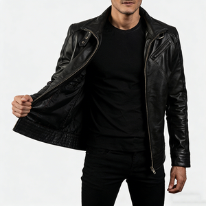 Veste en <span class=keywords><strong>cuir</strong></span> pour <span class=keywords><strong>homme</strong></span> à col zippé, multi-poches, avec logo brodé personnalisé, style moto, décontractée, tendance, pour le travail, OEM - Product Image 3