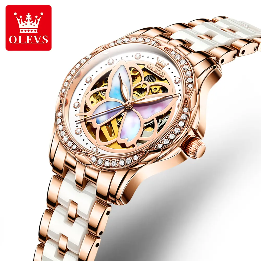 OLEVS 6615 Butterfly pattern Lady Watch With Rose Gold Watch Strap Fashionable Elegant Ceramic Resin Watch women