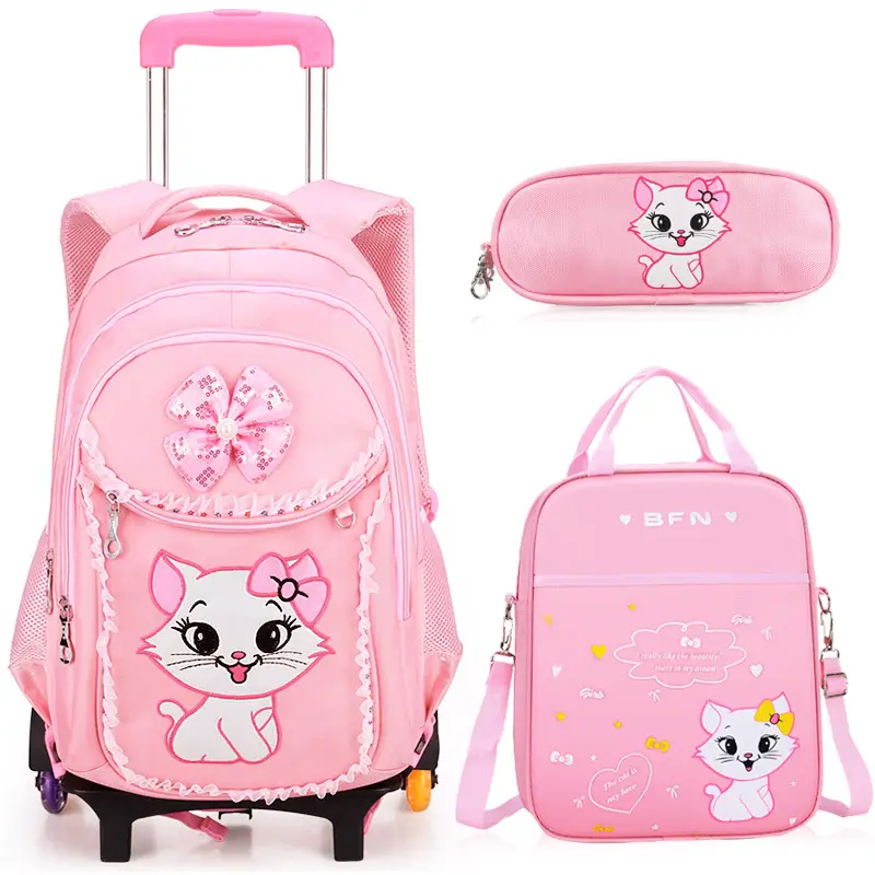 Large Capacity School Bag Trolley Children Girl Pink Fashion Kids School Bag and Lunch Bag Set with Wheels