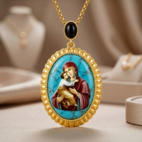 Pendentif icône orthodoxe de la Sainte Mère de Dieu en lapis-lazuli, pierre précieuse religieuse, peinture à la main byzantine